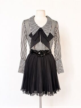 Vntg 60s Striped Bow Pleated Dress Tim Burton Core Office Siren Beetlejuice